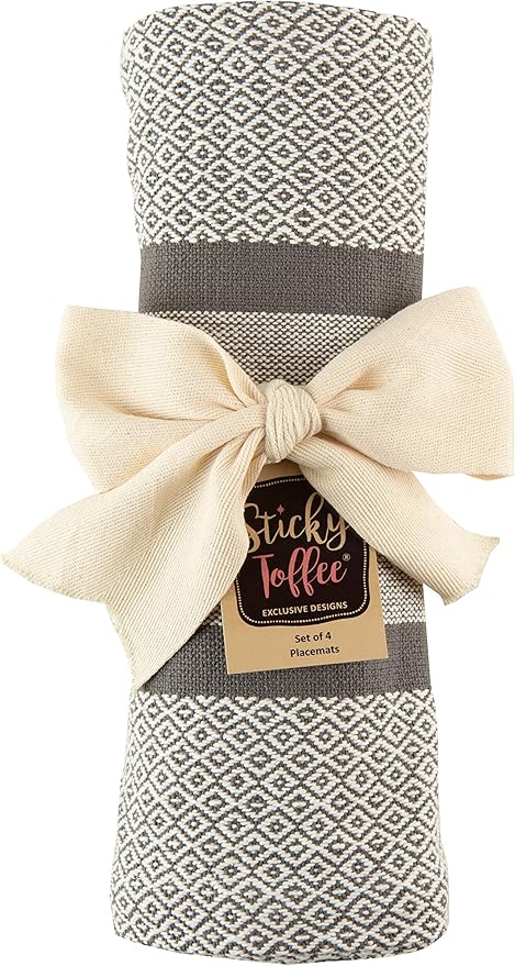 Sticky Toffee Cotton Placemats Set of 4 – Gray Woven 14x19 in Table Mats for Kitchen or Dining Table, Boho Style, Washable Cloth Placemats