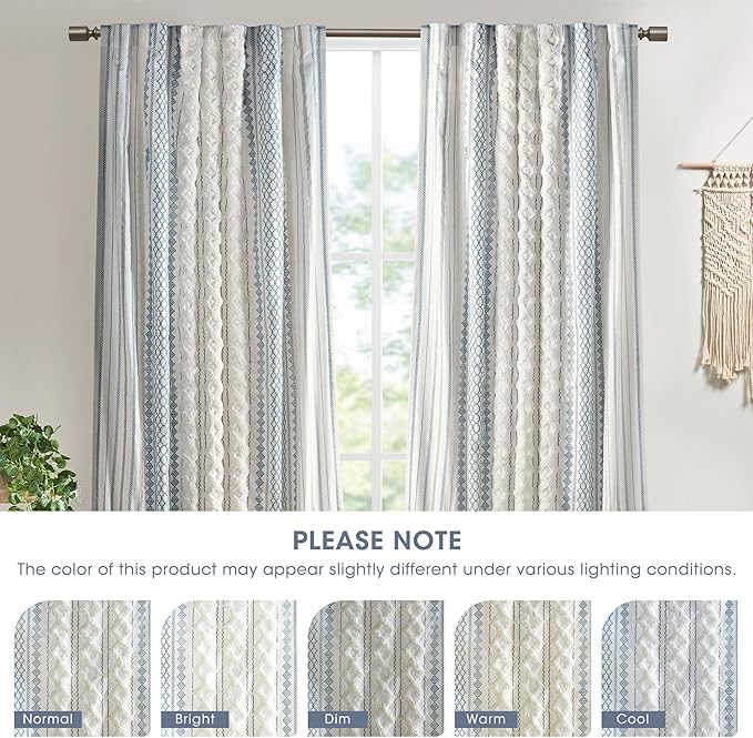 INK+IVY Boho Curtains for Bedroom Single Panel Window Curtains for Living Room, 100% Cotton Tufted Chenille Stripe Modern Farmhouse Curtains Light Filtering Drapes for Bedroom, 50" x 84", Ivory/Navy