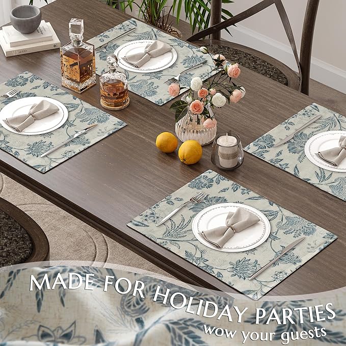 JINCHAN Linen Floral Fall Placemats Set of 4 Cloth Table Mats Rustic Cottagecore Jacobean Outdoor Seasonal for Kitchen Dining Table Decor Non-Slip Washable Tablemats 13x19 Inch Blue