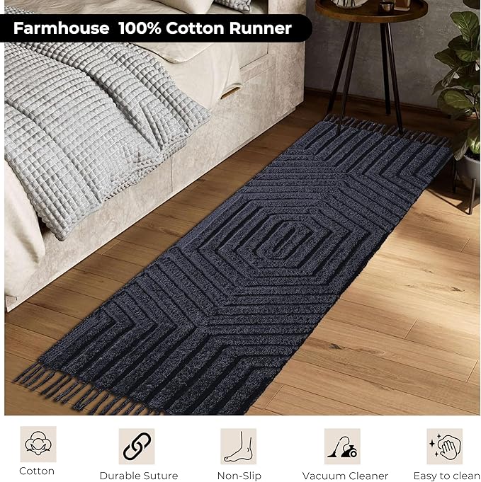 Boho Runner Rug 2x6' Washable Kitchen Rugs with Tassels Indoor Farmhouse Rugs for Bedroom Aesthetic Tufted Rug for Laundry Room Doorway Living Room_Dark Grey