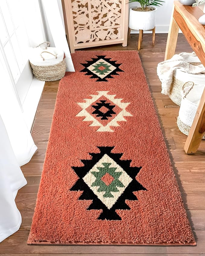 DEXDE Boho Bathroom Rugs Runner 20x72 Long Bath Mat Runner for Bathroom Bedroom Hallway Kitchen Shower Luxury Soft Absorbent Large Bohemian Carpet Runner Farmhouse Western Decor, Coral Red