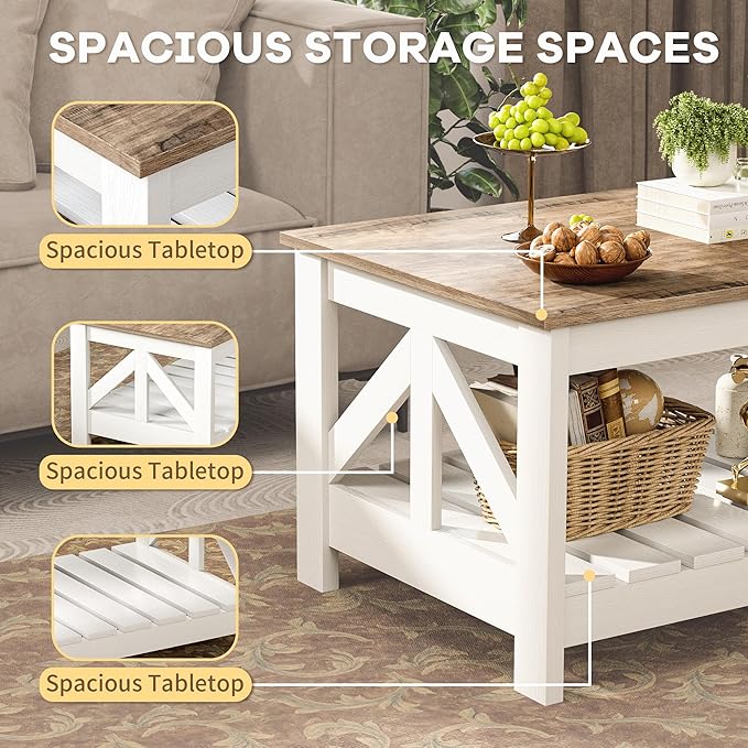 JUMMICO 39” Farmhouse Coffee Table for Living Room, 2-Tier Modern Living Room Table with Storage Shelf, Rustic Rectangular Center Table Space Saving Home Furniture (Rustic Oak & White)