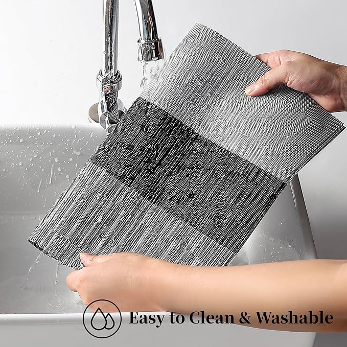 Leetaltree Grey with White Striped Placemats Set of 8 - Heat Resistant Non-Slip Place mats for Dining Table, Washable Durable PVC Vinyl Woven Table Mats(Grey Stripe, 8)