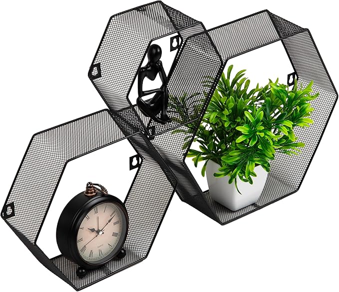 Mind Reader Hexagon Floating Shelves, Wall Decor, Honeycomb Accent Shelf, Office, Metal Mesh, 14" L x 4" W x 12" H, Set of 3, Black