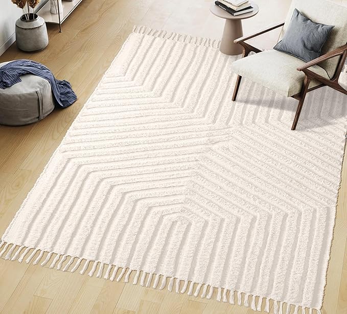 Boho Rugs for Living Room 4x6, Farmhouse Cotton Area Rug for Bedroom, Washable Tufted Indoor Floor Carpet for Kitchen Dorm Office Dining Room Office Home Decor,Light Linen