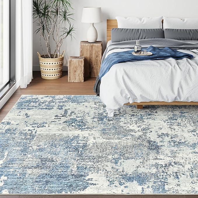 Art&Tuft Washable Rug, Anti-Slip Backing Abstract 6x9 Rug, Stain Resistant Rugs for Living Room, Foldable Machine Washable Area Rug (TPR53-Blue, 6'x9')