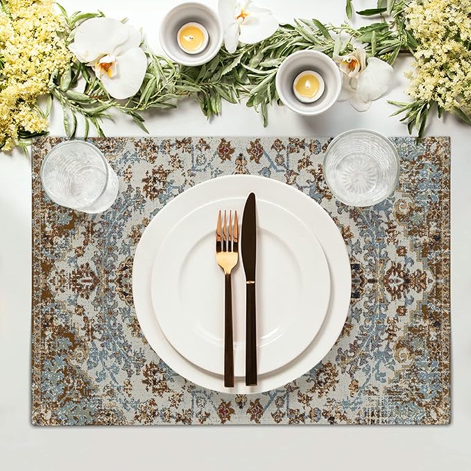 Ethnic Boho Placemats Set of 6 Bohemian Carpet Vintage Black Teal Grey Floral Linen Washable Kitchen Dining Table Mats Stain Heat-Resistant Desktop Decor Place Mats for Home Party Indoor 12x18 in