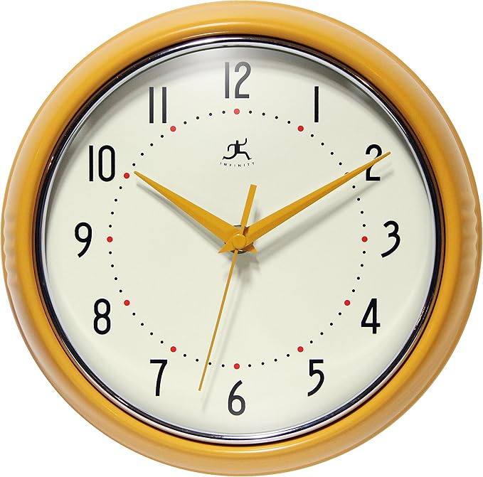 Infinity Instruments Retro 9 inch Silent Sweep Non-Ticking Mid Century Modern Kitchen Diner Wall Clock Quartz Movement Retro Wall Clock Decorative (Saffron Yellow)