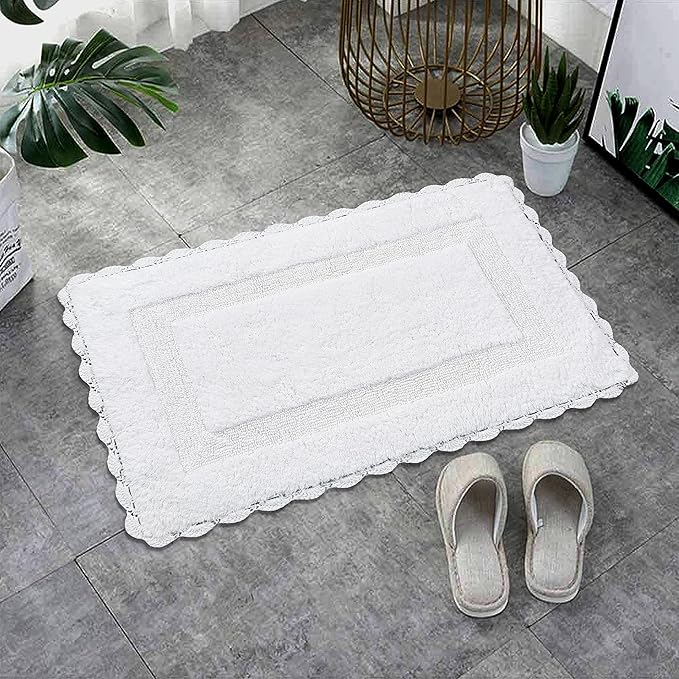 Cotton Crochet Bathmat with Antiskid 21x34 White, 100% Pure Cotton, Super Soft White, Plush & Absorbent, Hand Tufted Heavy Weight Construction, Full Reversible Step Out Rugs