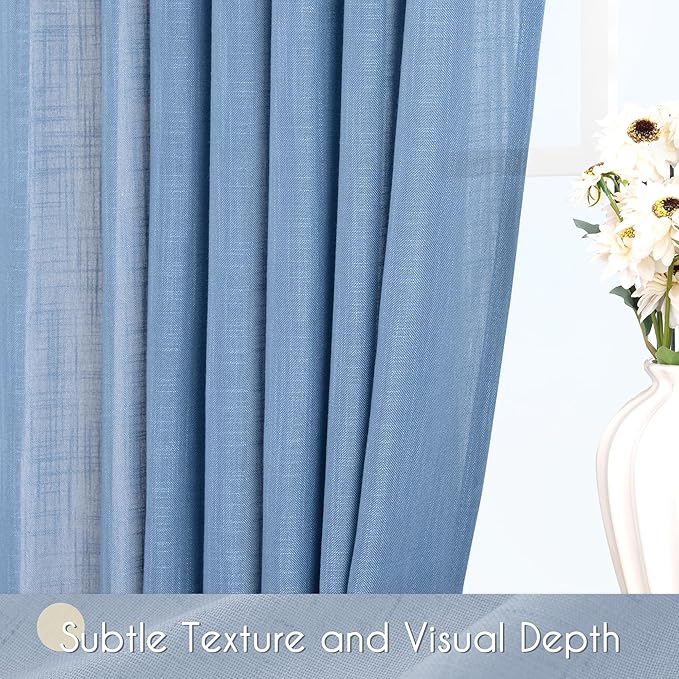 Denim Blue Curtains for Living Room Back Tab Modern Farmhouse Semi Sheer Blue Curtains 102 inches Long 2 Panels Set Muted Neutral Window Curtain for Dining Room Bedroom 52x102