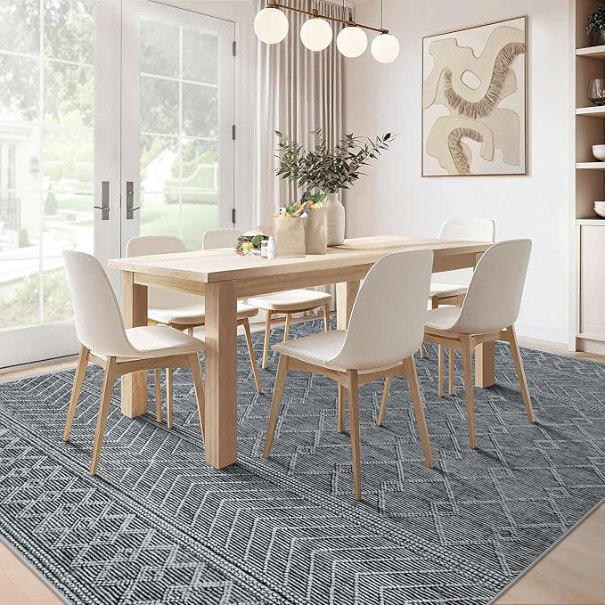 6x9 Area Rug Living Room: Washable Boho Geometric Moroccan Rug Neutral Modern Farmhouse Indoor Soft Non Slip Ultra Thin Printed Pattern Carpet for Dining Room Bedroom Nursery Home (Black, 6'x9')