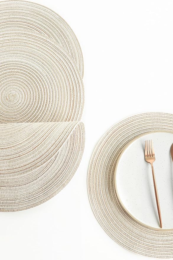 Floroom 15 Inch Round Braided Placemats Set of 4, Washable Heat Resistant Cotton Polyester Circle Place Mats for Kitchen Dining Table - Ivory