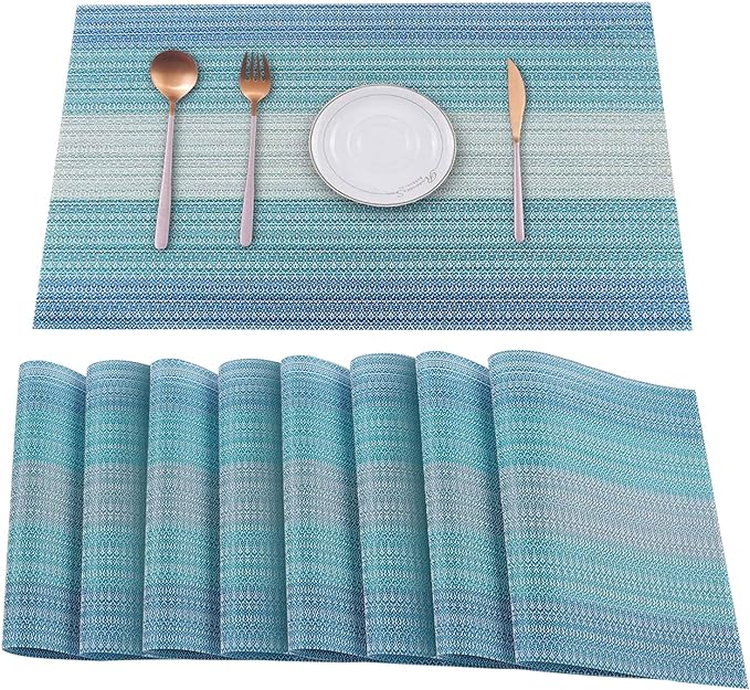 HeloHo Blue Placemats Set of 8,Vinyl Table Place Mats Stain Resistant Foldable Placemats Washable Wipeable Placemat for Kitchen Dining Table Decoration Indoor Outdoor.