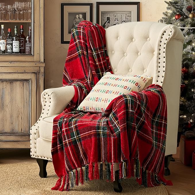 EVERGRACE Stewart Red Christmas Plaid Chenille Throw Blanket for Couch, Super Soft Cozy Tartan Checkered Throw Blanket with Tassels, Lightweight Plush Chenille Knit Throw for Christmas Decor, 50"x60"