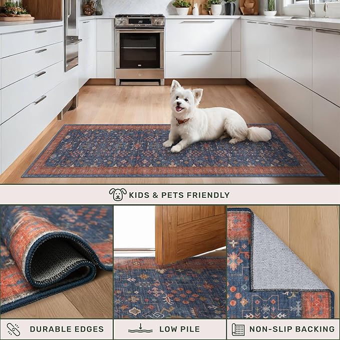 Washable 10 ft Long Runner for Kitchen Floor - Navy Blue Hallway Runner Rug, Pet Friendly Waterproof Non Slip with Rubber Backing, Stain Resistant Laundry Room Rug (3x10 Navy Blue & Terracotta)