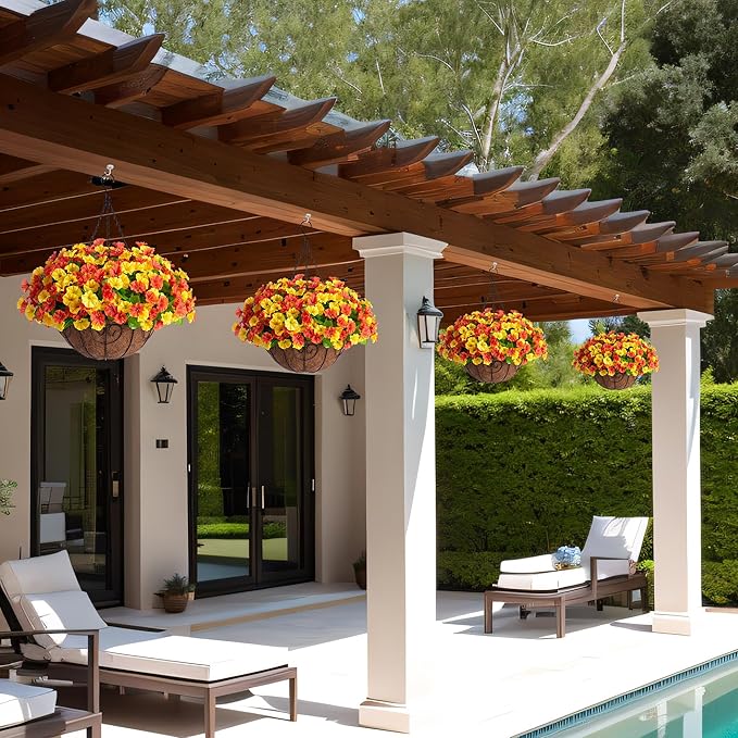 Artificial Hanging Flowers with Basket, Faux Silk Petunias Flower Arrangement, Coconut Lining with Morning Glories Fake Plants Patio Garden Porch Deck Spring Summer Decor(Orange Yellow)