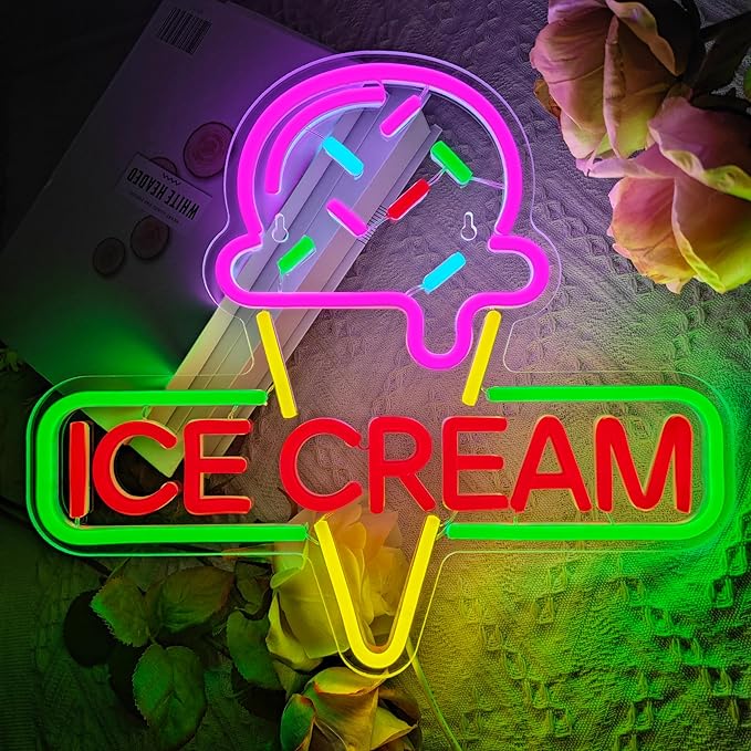 Ice Cream Neon Sign Light up Acrylic LED Lamp with USB Powered Ice Cream Letter Neon Light for Business Store Cafe Drink Shop Office Bedroom Restaurant Decor Adjust Brightness