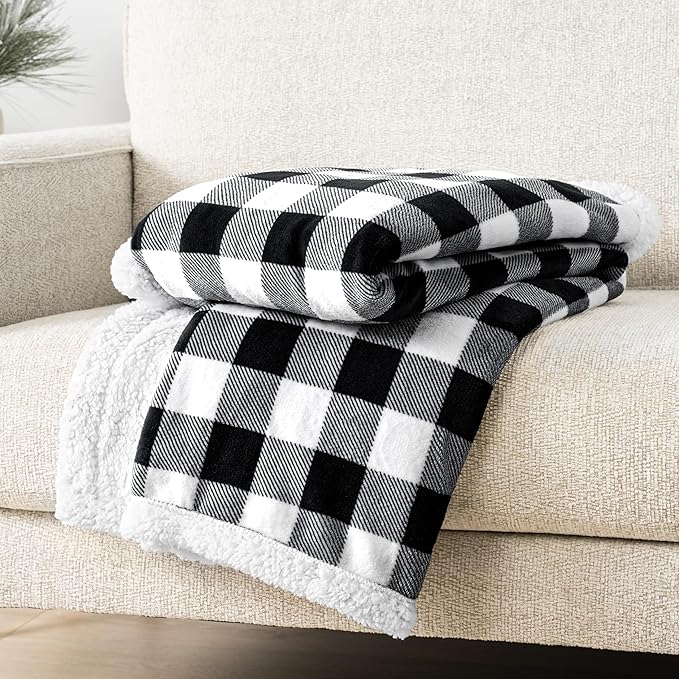 Pavilia Black & White Buffalo Plaid Sherpa Bed Blanket - King, Plush Checkered Fleece & Flannel, Warm Winter Blanket for Couch & Sofa, 90x108