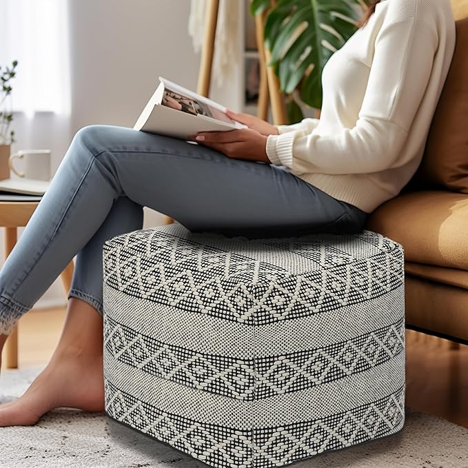 COTTON CRAFT Woven Dhurrie Pouf - Stripe Diamond Pattern Ottoman Footstool Bean Bag - Dorm Bedroom Small Spaces Accent Seating - Prefilled Comfortable Square Pouf Footrest - 16x16 - Ivory Black