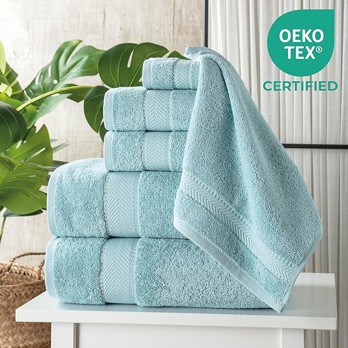 TEXTILOM 6 Pcs Bath Towel Set – Hotel and Spa Quality & Soft & Absorbent & Quick Dry Bath Towels for Bathroom –100% Turkish Cotton Bathroom Towels Set (2 Bath Towels,2 Hand Towels,2 Washcloths)-Aqua