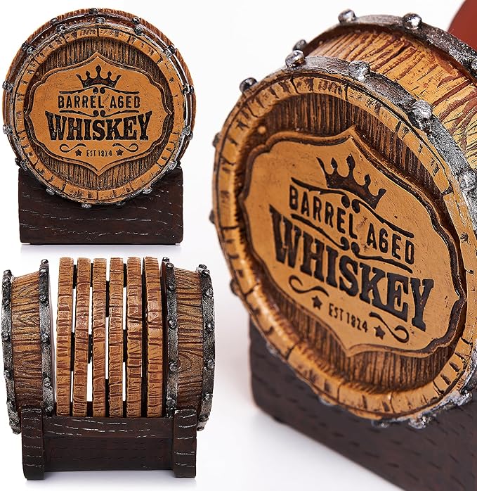 Cabin Obsession Whiskey Barrel Coaster Set β Handcrafted Whiskey Barrel Decor for Whiskey Lovers and Man Cave Gifts for Men - 6 Full Size Whiskey Coasters with Barrel Style Holder for Man Cave DΓ©cor