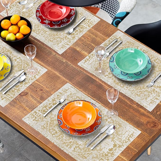 Gray Tan Boho Placemats Set of 6 Ethnic Bohemian Carpet Place Mats Washable Kitchen Dining Vintage Grey Geography Floral Linen Table Mats Stain Heat-Resistant for Home Party Indoor 12x18 in