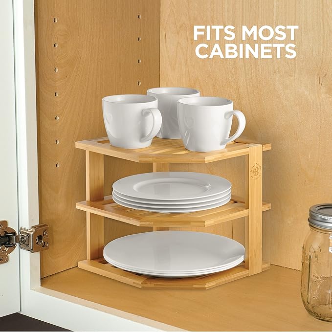 Cabinet Organizer Shelf - Bamboo Corner Rack for Kitchen Counter, Cabinet Space Saver for Plates, Dishes, Bowls, Bread Pantry, Bathroom Storage or Countertop Stand, Stackable Design