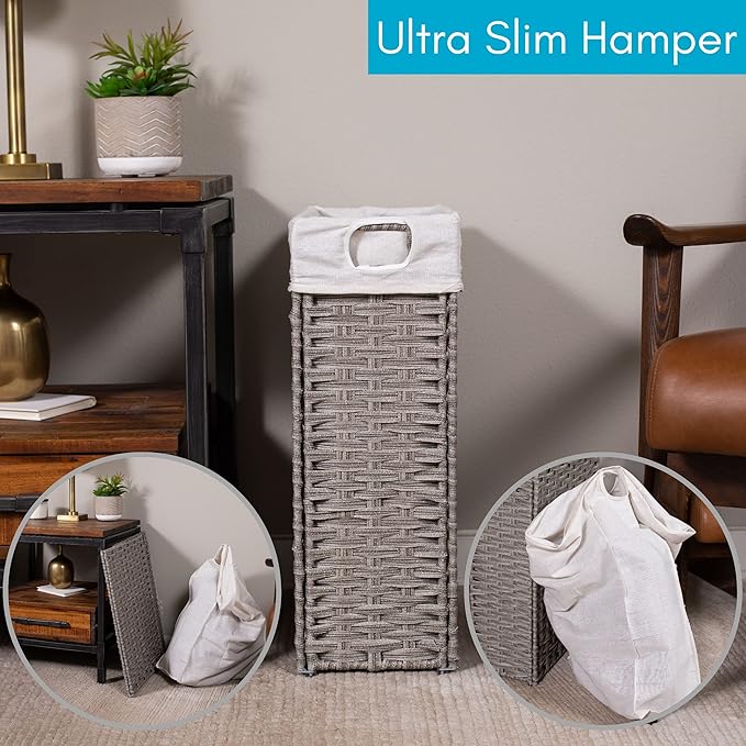 BIRDROCK HOME 22" Laundry Hamper with Removable Liner Bag - Handwoven PE Rattan Clothes Basket - Compact & Collapsible Laundry Storage for Bedroom & Bathroom - Perfect for Small Spaces - Slim, Grey
