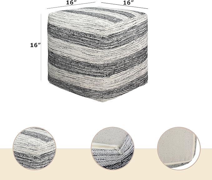 COTTON CRAFT Handwoven Stripe Dhurrie Pouf - Ottoman Foot Stool Bean Bag - Dorm Bedroom Home Décor Accent Seating - Boho Modern Comfortable Prefilled Cotton Pouf Footrest - 16 inch Square - Black