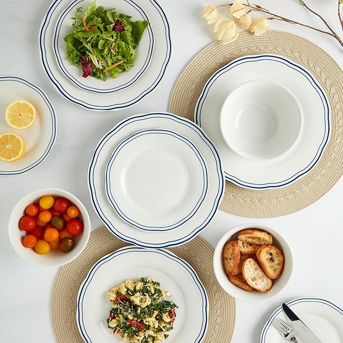 Tabletops Gallery 12-Piece White with Blue Striped Ceramic Dinnerware Set of Kitchen Dishes, Scalloped Dinner Salad Plates Cereal Bowls, Service for 4, Vintage Stripe