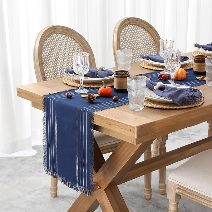 Chassic Farmhouse Style Table Runners, Rustic Boho 108 inches Long Table Runner for Dining Room,Holiday, Party and Wedding Tabletops Decor, 14 x 108 inch - Navy Blue