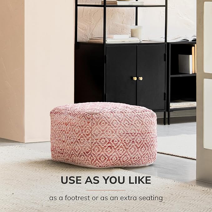 Anji Mountain 100% Handmade & Handcrafted Comfortable Home Décor Pouf Ottoman Footrest for Living Room, Bedroom, Nursery, Kidsroom, Patio Furniture - (22" x 22" x 16"- Pink,Beige)