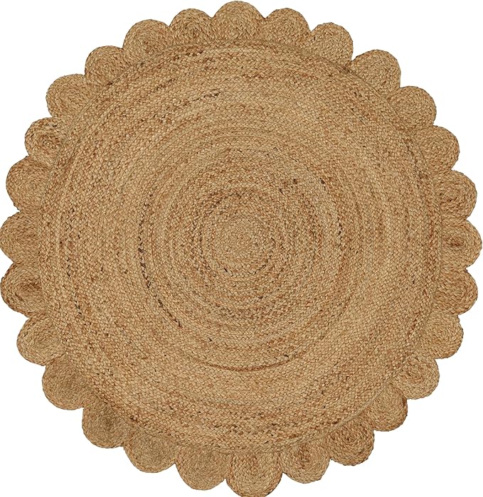 Savi Home Hand Woven Jute Braided Scalloped Rug, 4' Round - Natural, Reversible Area Rugs for Living Room, Farmhouse, Kitchen, Handcrafted 4 Feet Round Area Rugs - Natural