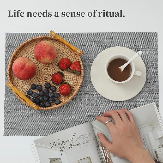 Leetaltree 6PC Grey& 6PC Beige Placemats Set of 12 - Heat Resistant Non-Slip Place mats for Dining Table, Washable Durable PVC Vinyl Woven Table Mats(6PC Grey&6PC Beige), Grey&beige