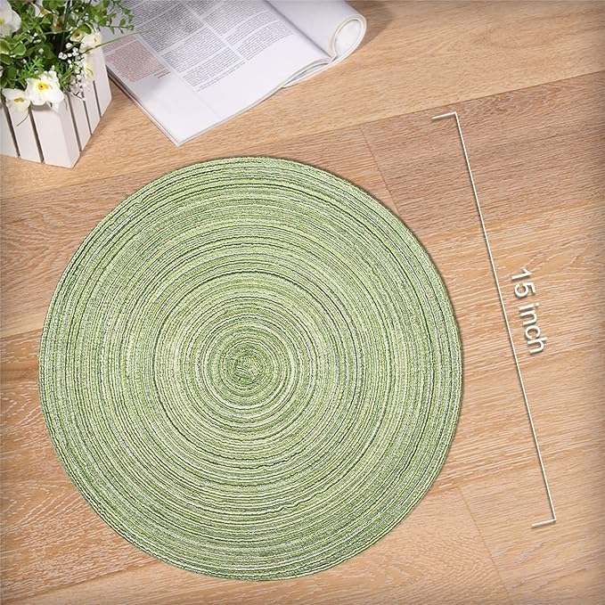 Noctiflorous 15 Inch Round Placemats Set of 6 Durable Braided Woven Heat Resistant Table Mats for Indoor Outdoor Non Slip Dining Table Place Mats(Green, 6)