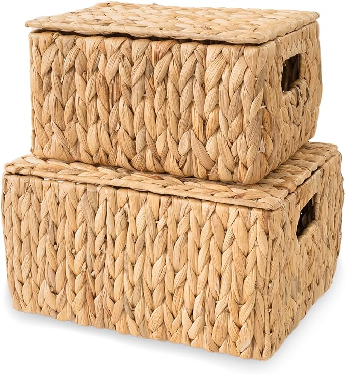 Wicker Storage Baskets with Lid, Set 2 Basket With Lid Decorative Storage Rectangle Wicker Storage Basket With Lid Large Rattan Storage Box Hyacinth Baskets