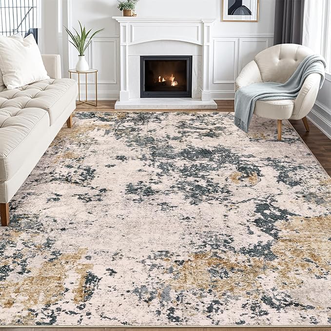 Area Rugs for Living Room: 5x7 Abstract Washable Rug Large Soft Stain Resistant Non-Slip Backing for Bedroom Dining Room Indoor Home Office Carpet for Kids Pet Friendly Families - Grey Gold