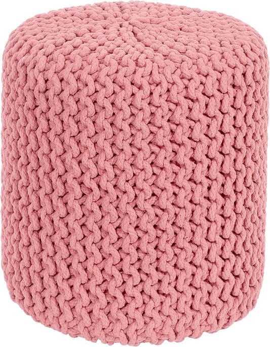 COTTON CRAFT Braided Round Pouf - Hand Knitted Cotton Cord Cable Dori Cylindrical Ottoman - Foot Stool - Floor Pouf - Footrest - Accent Seat - Living Room Bedroom Dorm Décor - 15 Round x 16 H - Pink