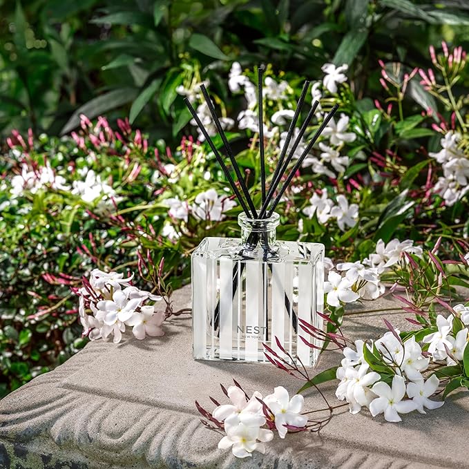 NEST New York Reed Diffuser, Indian Jasmine - 5.9 fl oz - Fragrance for Up to 90 Days - Reusable, Refillable Glass Holder - Includes 8 All-Natural Reed Sticks - Flame Free