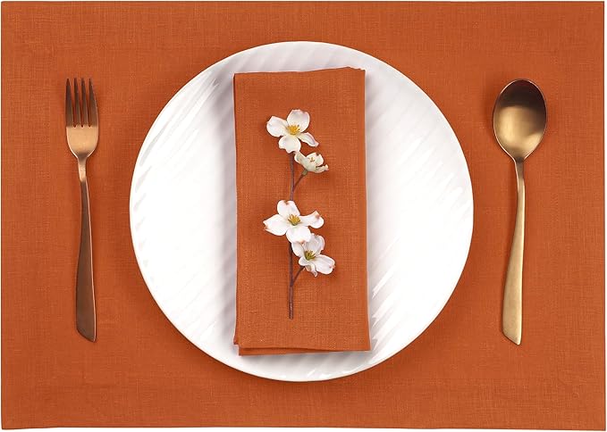 D'Moksha Homes Linen Rust Placemats Set of 4-100% Pure Linen Placemats 14 x 19 Inch for Summer - Handcrafted and Machine Washable