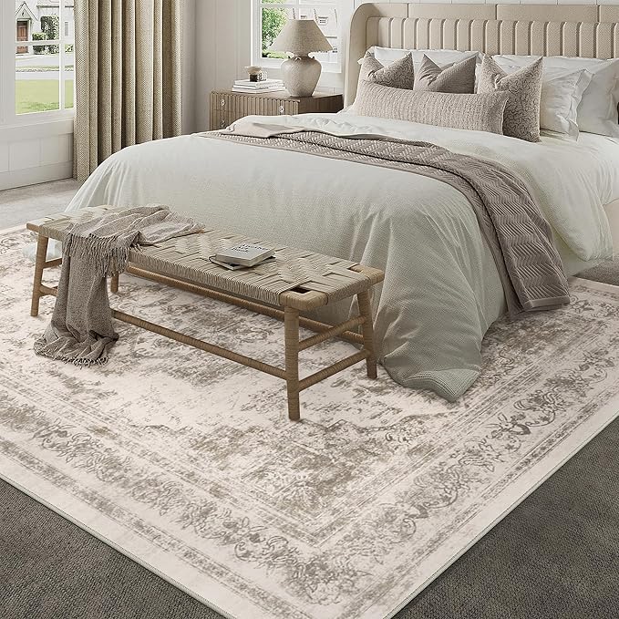 Area Rug 5x7 Washable Taupe Rug Vintage Boho Medallion Large Distressed Retro Carpet for Living Room Non Slip Indoor Low Pile Small Soft Bedroom Dining Room Home Office