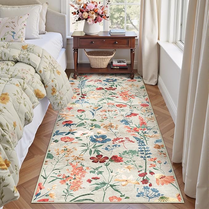 Floral Runner Rug 2x6 Washable Hallway Long Beige Bedroom Carpet Non Slip Indoor Boho Kitchen Low Pile Accent Rug Lightweight Soft for Bathroom Dining Laundry Living Room