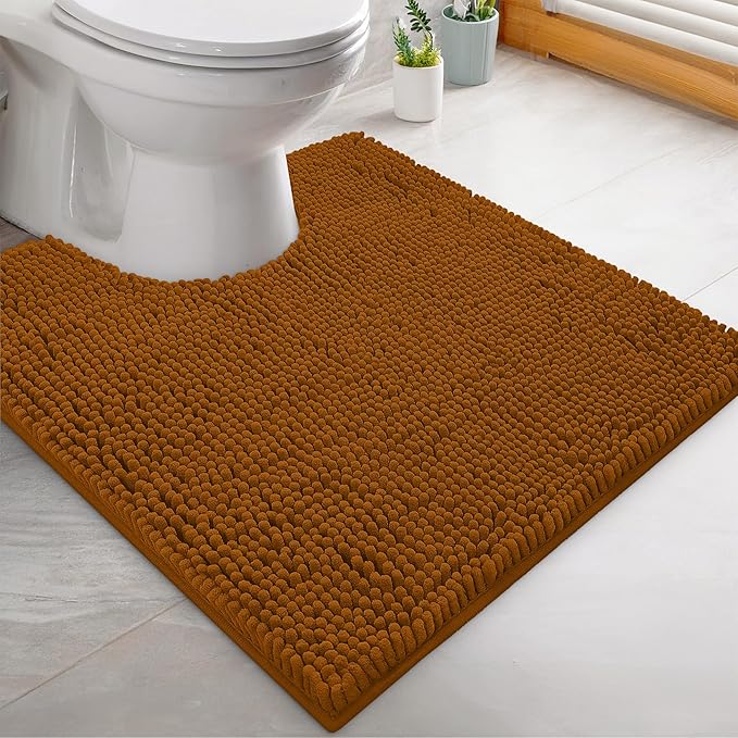 LuxUrux 2-Piece Bathroom Rug Set – Plush Chenille Runner & U-Shaped Toilet Mat, Soft, Absorbent & Non-Slip Design (20x20 U & 27x47 inches, Pumpkin)