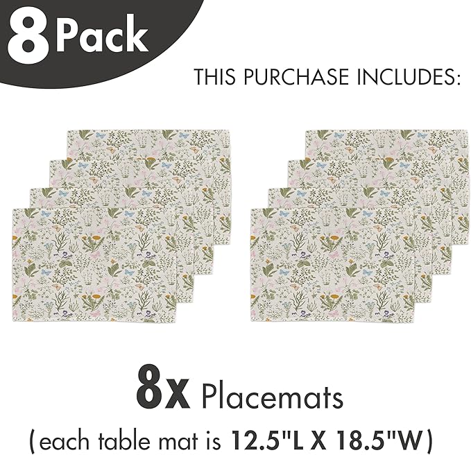Ambesonne Floral Place Mats Set of 8, Vintage Garden Plants Herbs Flowers Botanical Classic Design Art, Washable Fabric Placemats for Dining Table, Placemat 8 pcs, Reseda Green Beige
