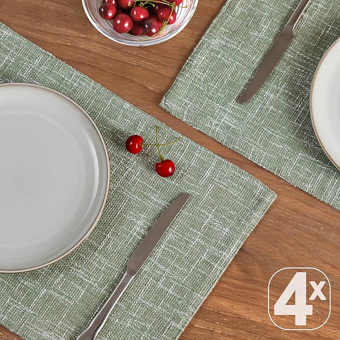 JINCHAN Burlap Textured Placemats Set of Four Farmhouse Cloth Place Mats Table Mats Sturdy Fabric Placemats for Kitchen Dining Table Double Layer Heat Resistant Tablemats 13 x 19 Inch Green