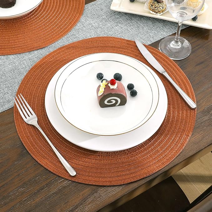 SHACOS Round Placemats Set of 4 for Dining Table 15 inch Round Braided Fall Placemats Washable Kitchen Table Mats Home Decor, Dark Orange