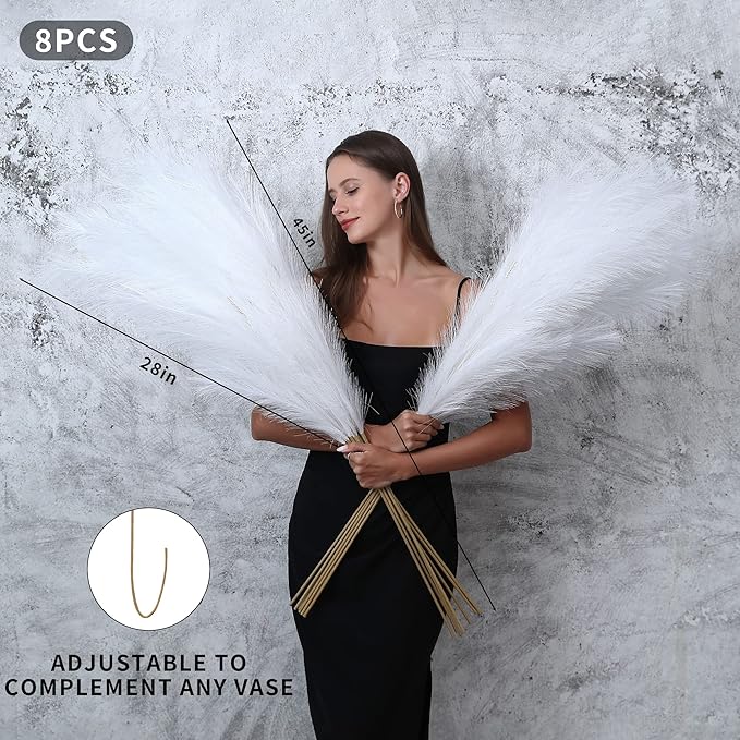 8 Pcs 45 inch Tall Faux Pampas Grass Decor, Large Artificial White Pompous Grass Bulk, Long Fake Pompas for Floor Vase Filler, Wedding, Baby Shower, Home and Boho Decor (White)