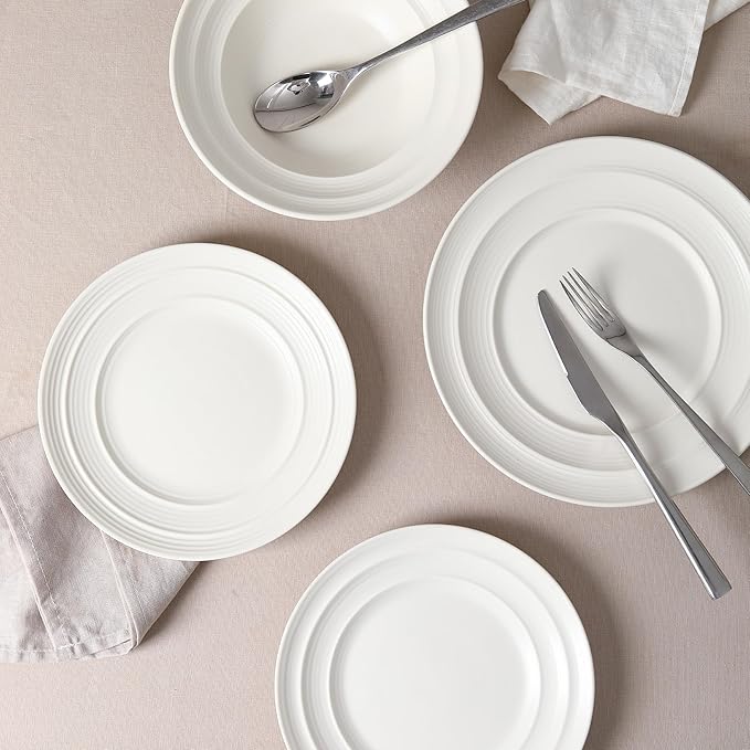 Earth & Clay Celeste 24-Piece Dinnerware, Stoneware, Plates and Bowls Set, Includes Dinner and Salad Plates, Cereal Bowls, Dishwasher and Microwave Safe, Dish Set for 8, Ivory White