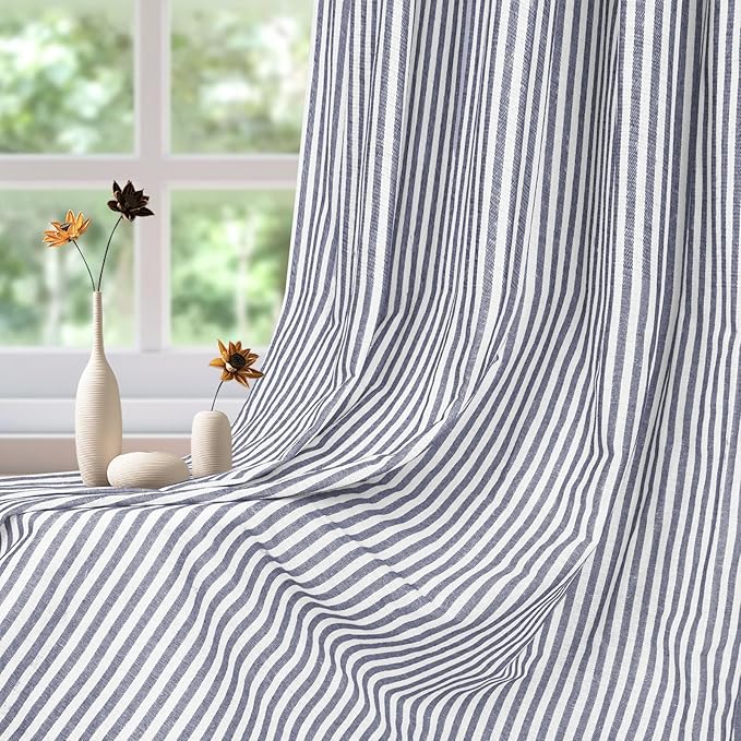 ASPMIZ Cotton Linen Farmhouse Curtains Boho Rustic Button Drapes, Linen Window Curtain Panels, Blue Stripe Country Curtains for Bedroom Living Room, Modern Rod Pocket Curtain 52 x 63 Inch, 2 Panels