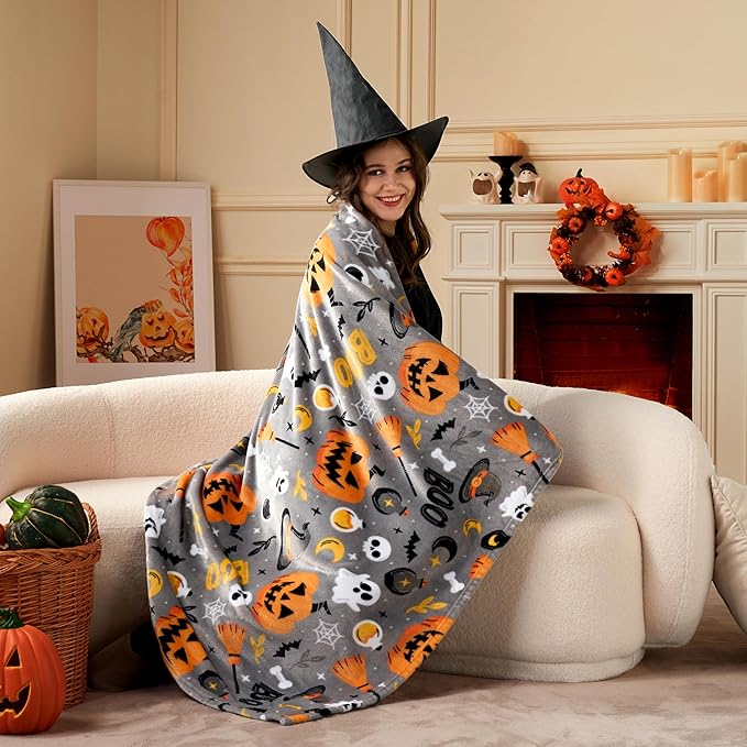 Joiedomi Halloween Throw Blanket - Soft Plush Witch's Hat Bat Ghost Pumpkin Blanket - Cozy Flannel Grey Halloween Decoration for Party Sofa Bed Living Room 50"x60"